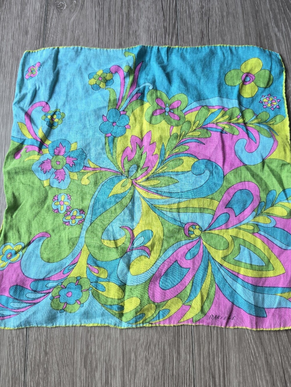 Vintage 60s Marielle Psychedelic Floral Square Scarf Mod Flower Power Signed
